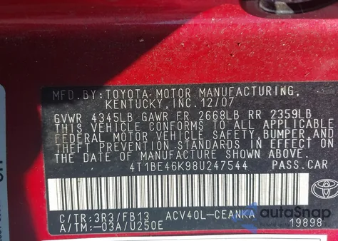 2008 Toyota Camry Le из США, поврежденный, VIN 4T1BE46K98U247544